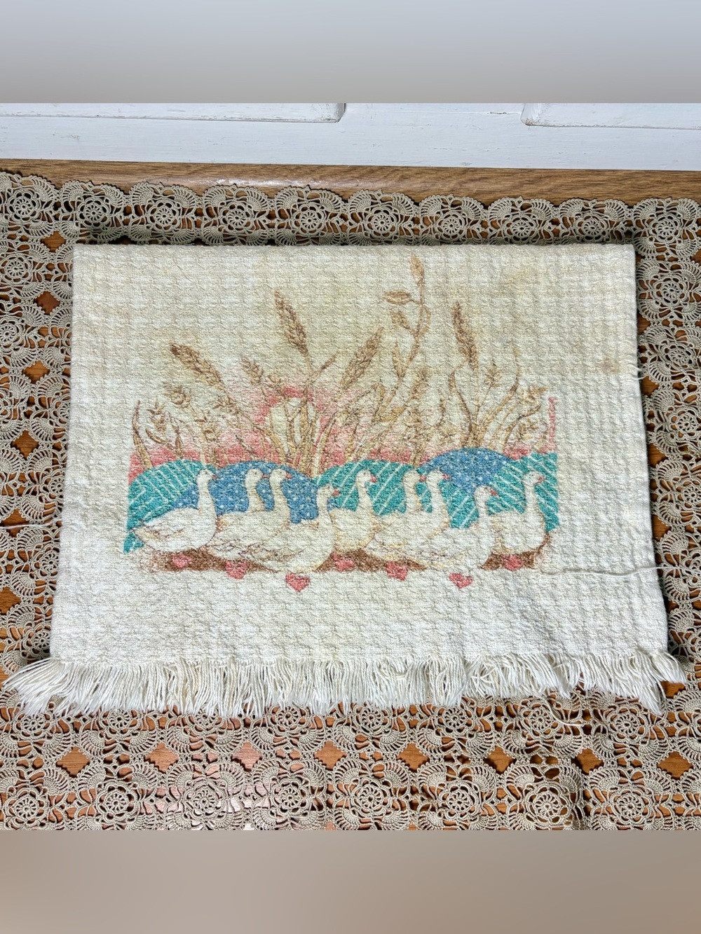 Vintage 90s Goose Print Cream Cotton Hand Kitchen Towel Country Classics